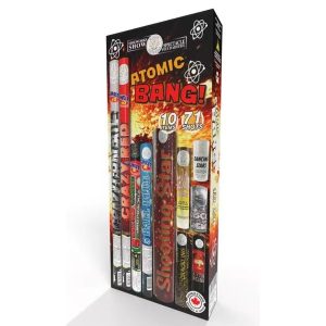 Vertical image of the atomic bang fireworks kit showing all the included items