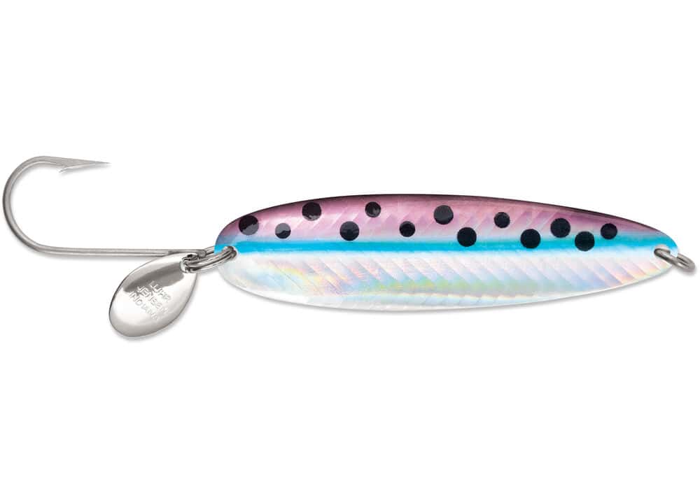 side view showing the color and single hook on the lure