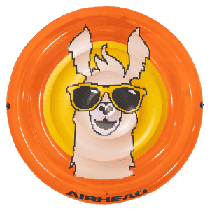 top view of an orange circular float with a printed pixelated llama wearing sunglasses and smiling