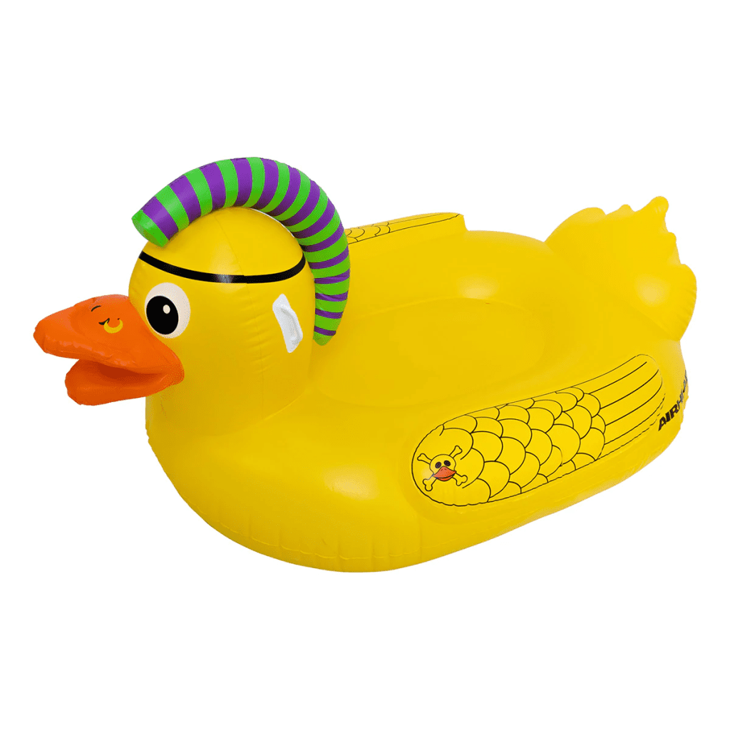 Left side of the duck showing the tattoo and mohawk