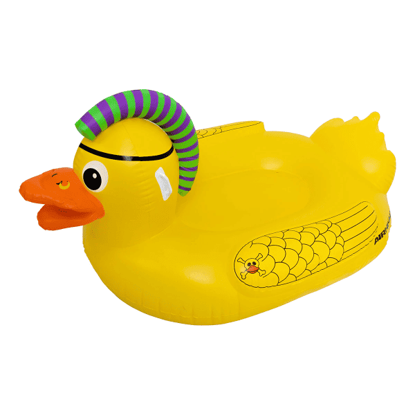 Left side of the duck showing the tattoo and mohawk