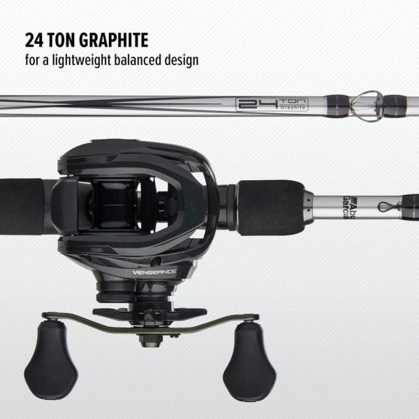 Top view of the vengeance reel and rod showing the reel and hook keeper, and text about the 24 ton graphite rod material