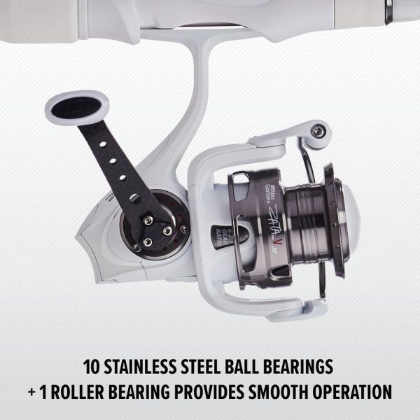 Right hand view of the reel with the words 10 stainless steel ball bearings +1 Roller bearing provides smooth operation