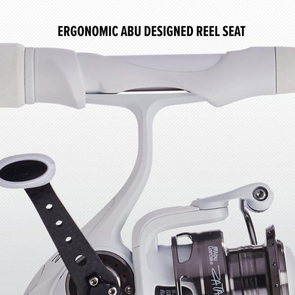 Close up on the reel seat with the words Ergnomic Abu Designed Reel Seat
