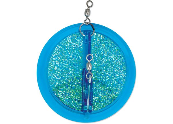 top view of a sparkly light blue dipsy diver lure showing the hardware