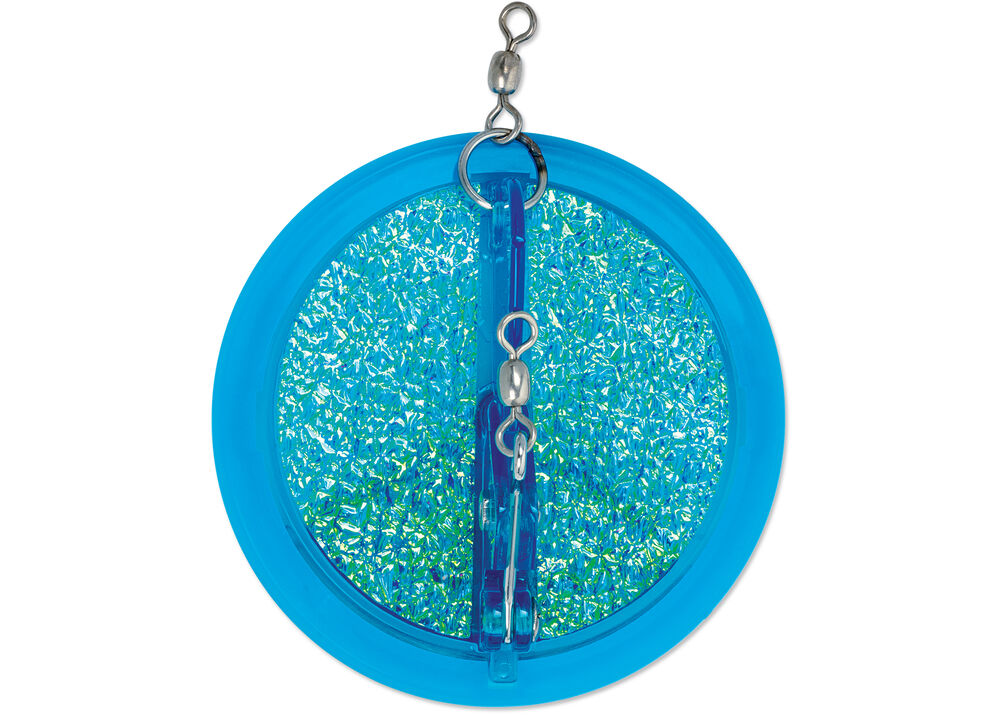top view of a sparkly light blue dipsy diver lure showing the hardware