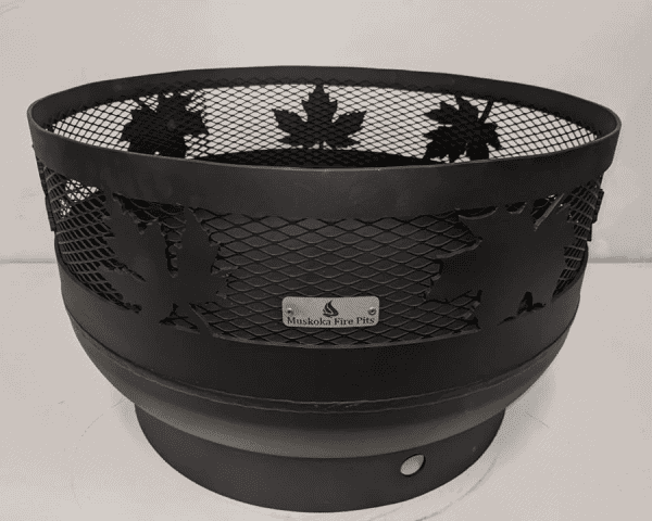 Low Profile Carved Fire Pit - Maple Leaf with visible muskoka tag