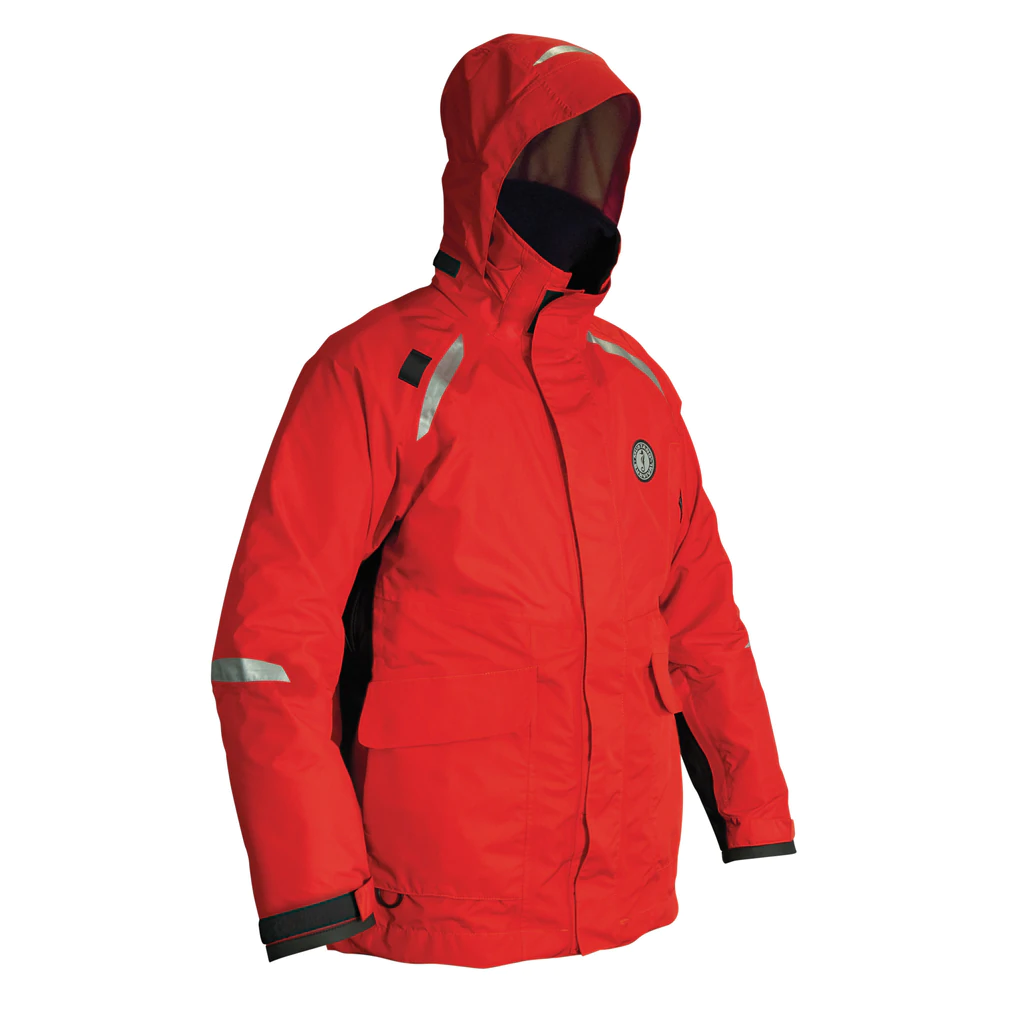 Catalyst Coat in Red with Black accents with the hood up
