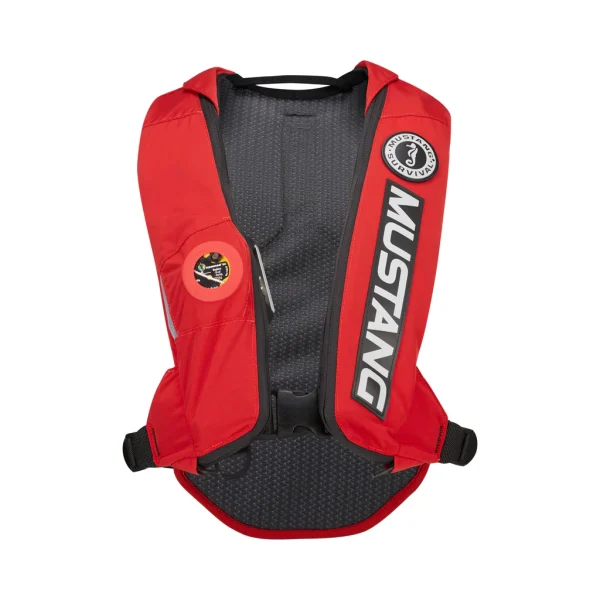 Red Elite 28 Hydrostatic Inflatable PFD with Mustang written in large white letters down the left front