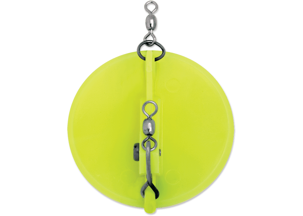 top view of a yellow green dipsy diver lure showing the hardware