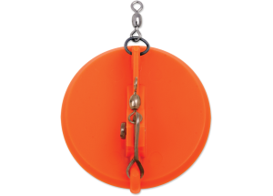 top view of a orangey red dipsy diver lure showing the hardware