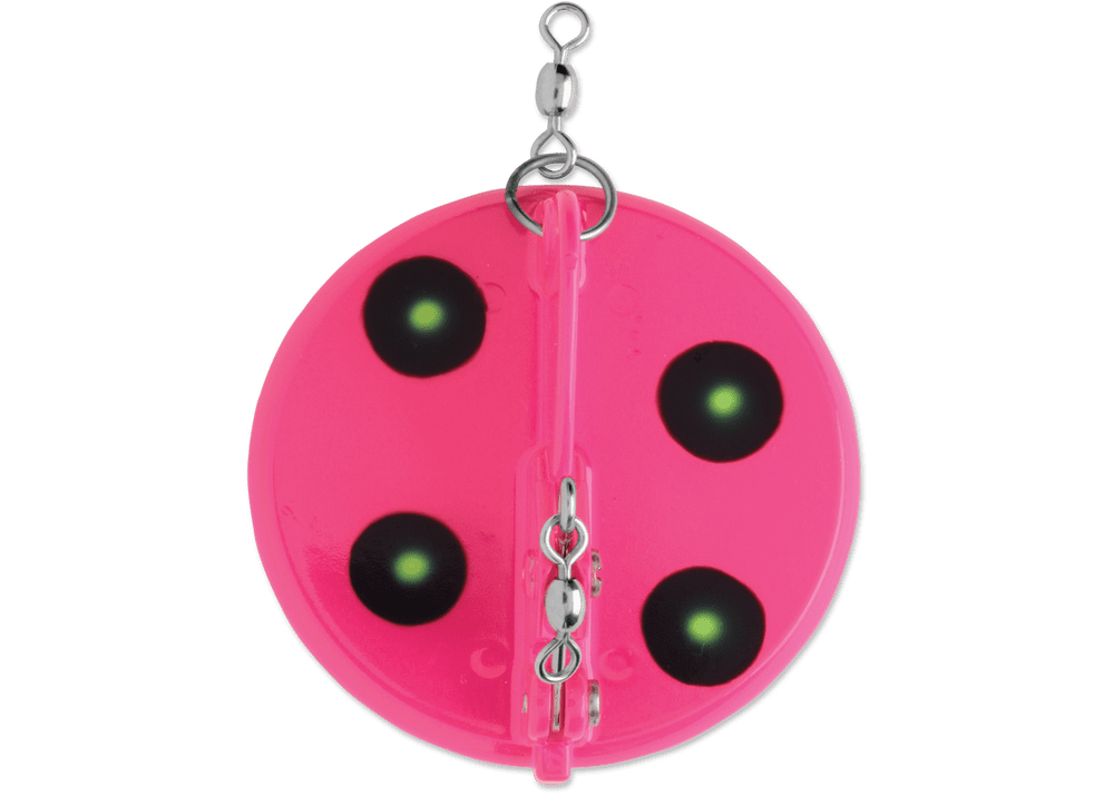 top view of a bright pink with black and green spots dipsy diver lure showing the hardware