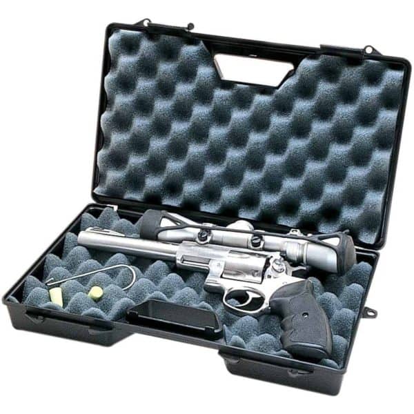 Open case showing interior eggshell foam and a revolver with scope as an example of the size