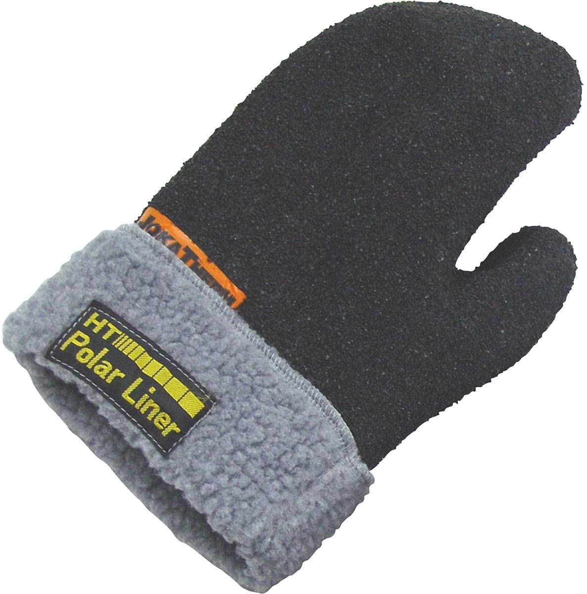 image of the left polar mitt with the grey fleece cuff with the black and yellow tag that says HT Polar Liner