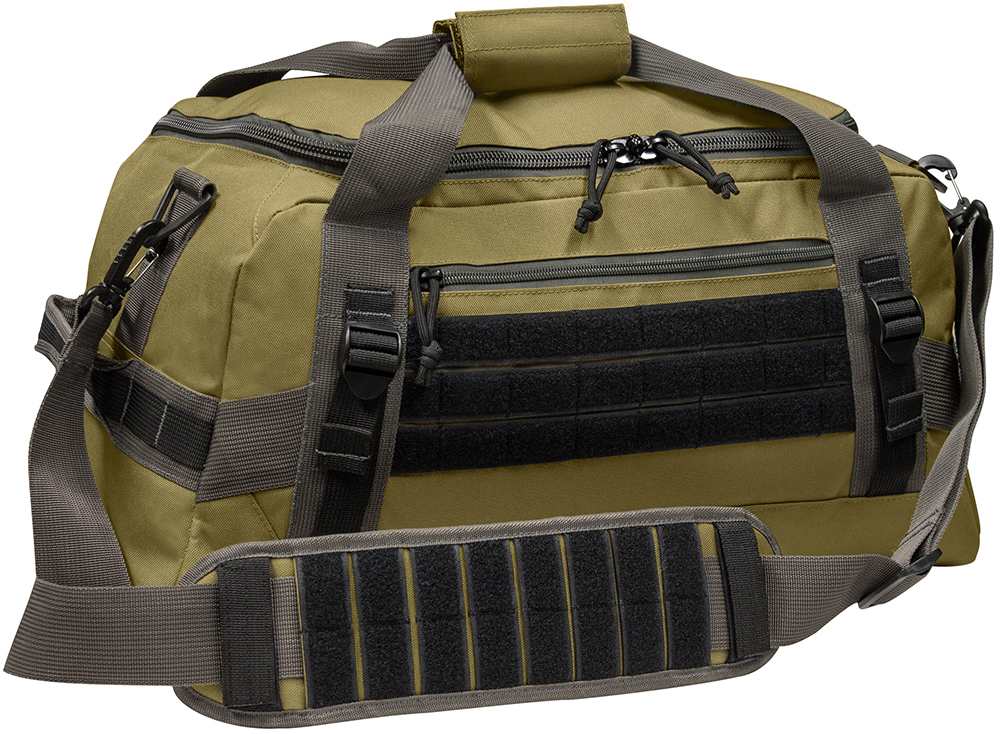 coyote and gunmetal colored tactical duffle bag