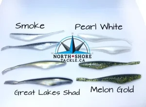 4" fluke split tail smoke pearl white great lakes shad melon gold