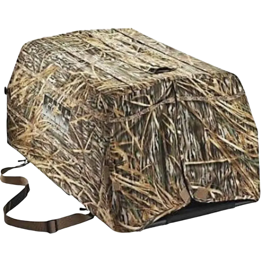 Grass Camo colored dog blind shown closed with a carrying strap