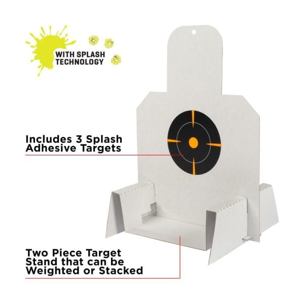 EZ Aim Adhesive Splash Reactive Paper Shooting Targets Kit & Target Stand, 6" Square Bullseye Targets, 6-Pack, 13.5"W x 17.5"H Silhouette Target Stand, Black/Orange/White