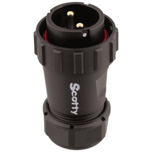 Marine Grade Plug (12V) Scotty, a black plastic electrical connector with two metal pins and "Scotty" labeled in white text, is shown against a plain white background.