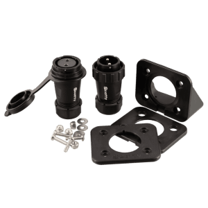 A Scotty Marine Grade Plug & Socket (12V) set, featuring black electrical connectors with protective caps, mounting plates, and metal screws and washers, arranged on a white background.