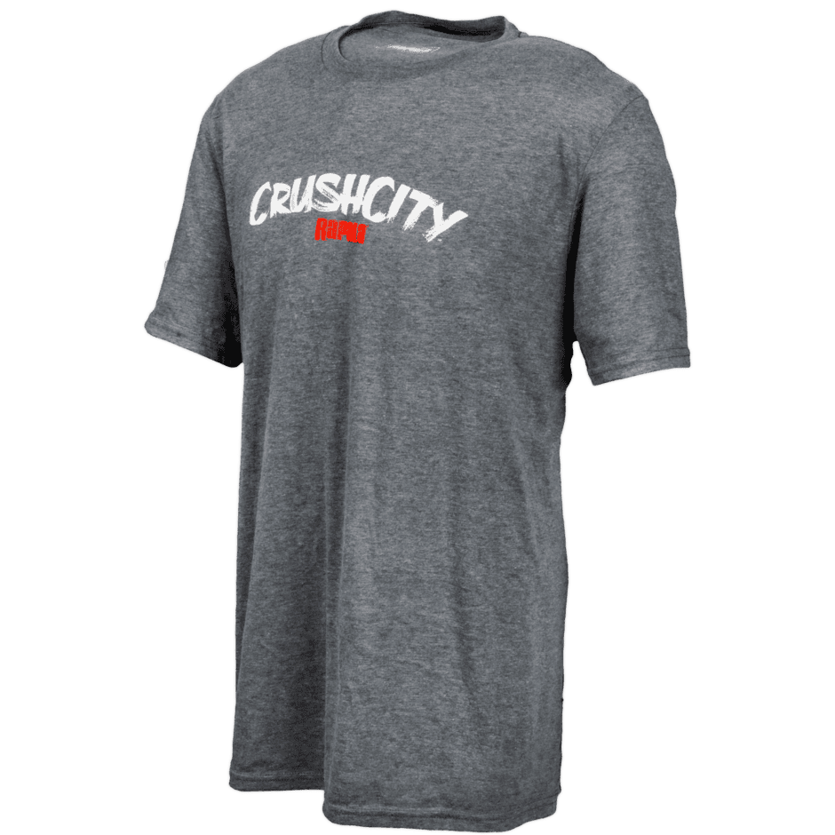 CrushCity Logo T-Shirt 2 CrushCity Logo T-Shirt - XL VMC 2: Gray short-sleeve t-shirt featuring “CRUSHCITY” in bold white and “HOU. 2019” in red on the front, shown against a plain background.