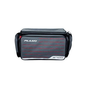 A rectangular black and gray Weekend Series Tackle Case - 3700 Plano features a zippered top, shoulder strap, and red accents.