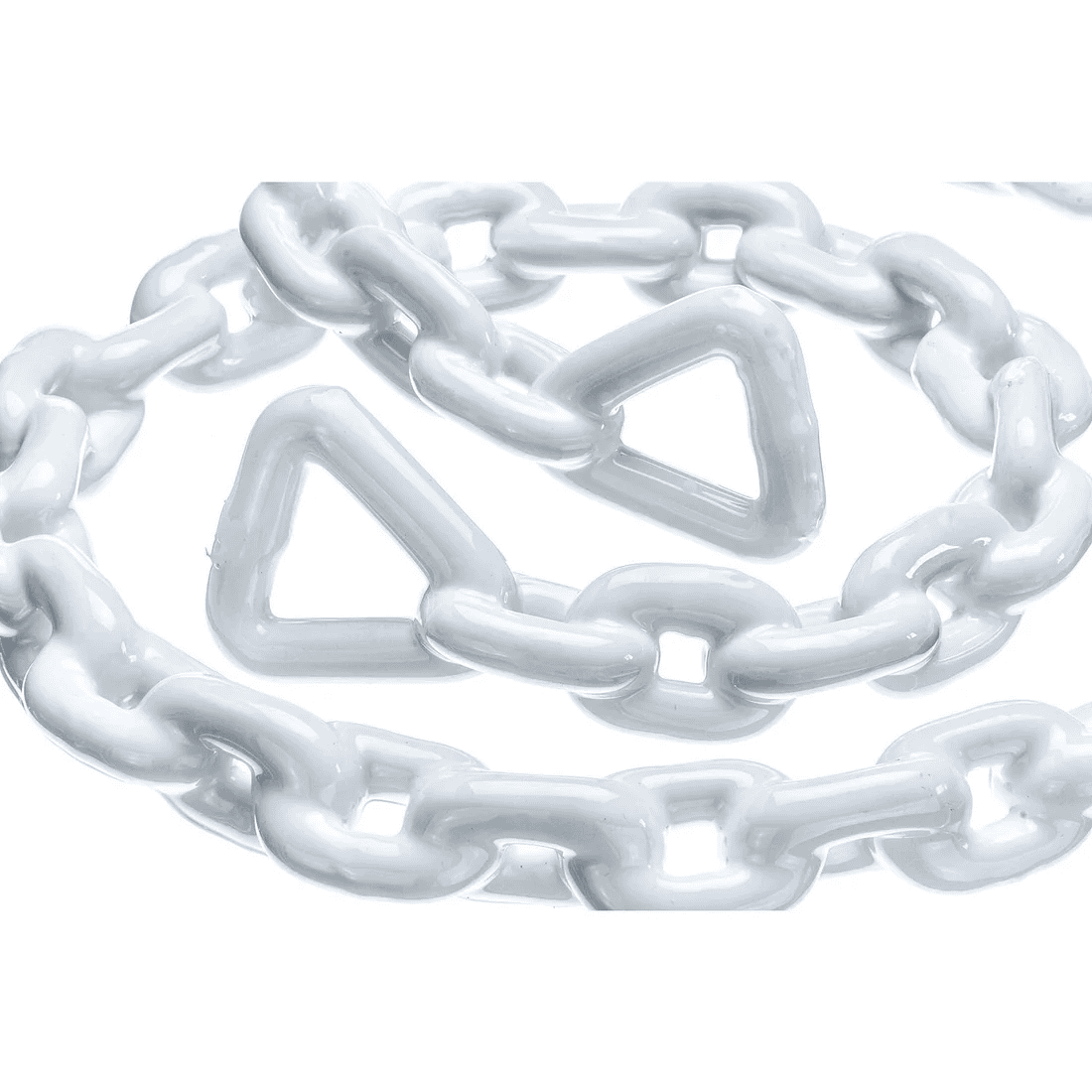 Anchor Lead Chain - 3/16" x 4', White PVC Coated, Galvanized 3 Close-up of the SEA CHOICE 3 Anchor Lead Chain—measuring 3/16″ x 4′, featuring glossy white PVC-coated galvanized links in both oval and triangular shapes—arranged in a loose coil against a white background.