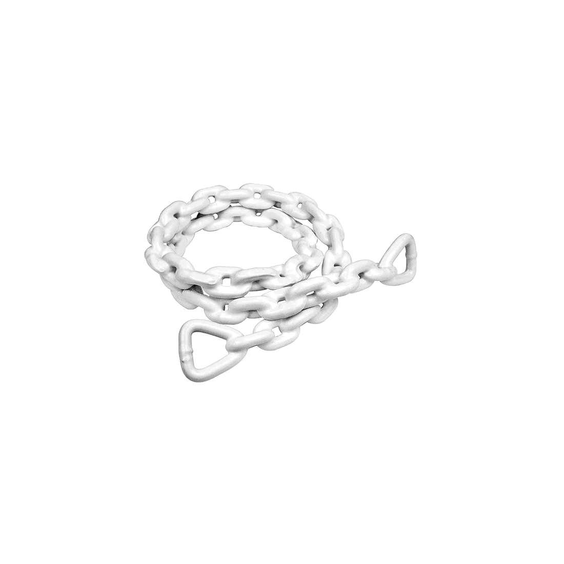 Anchor Lead Chain - 3/16" x 4', White PVC Coated, Galvanized 4 A white PVC-coated, galvanized SEA CHOICE 4 Anchor Lead Chain (3/16″ x 4′) with large links and triangular end links, displayed on a plain white background.