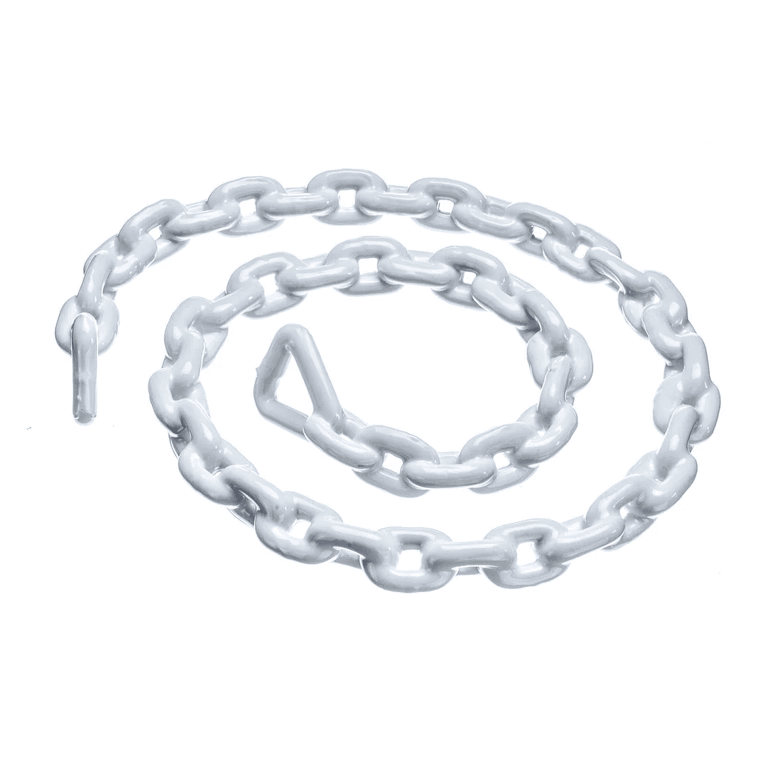 Anchor Lead Chain - 3/16" x 4', White PVC Coated, Galvanized 1 A coiled length of SEA CHOICE Anchor Lead Chain, 3/16″ x 4′, white PVC coated with galvanized oval links, arranged on a plain white background.