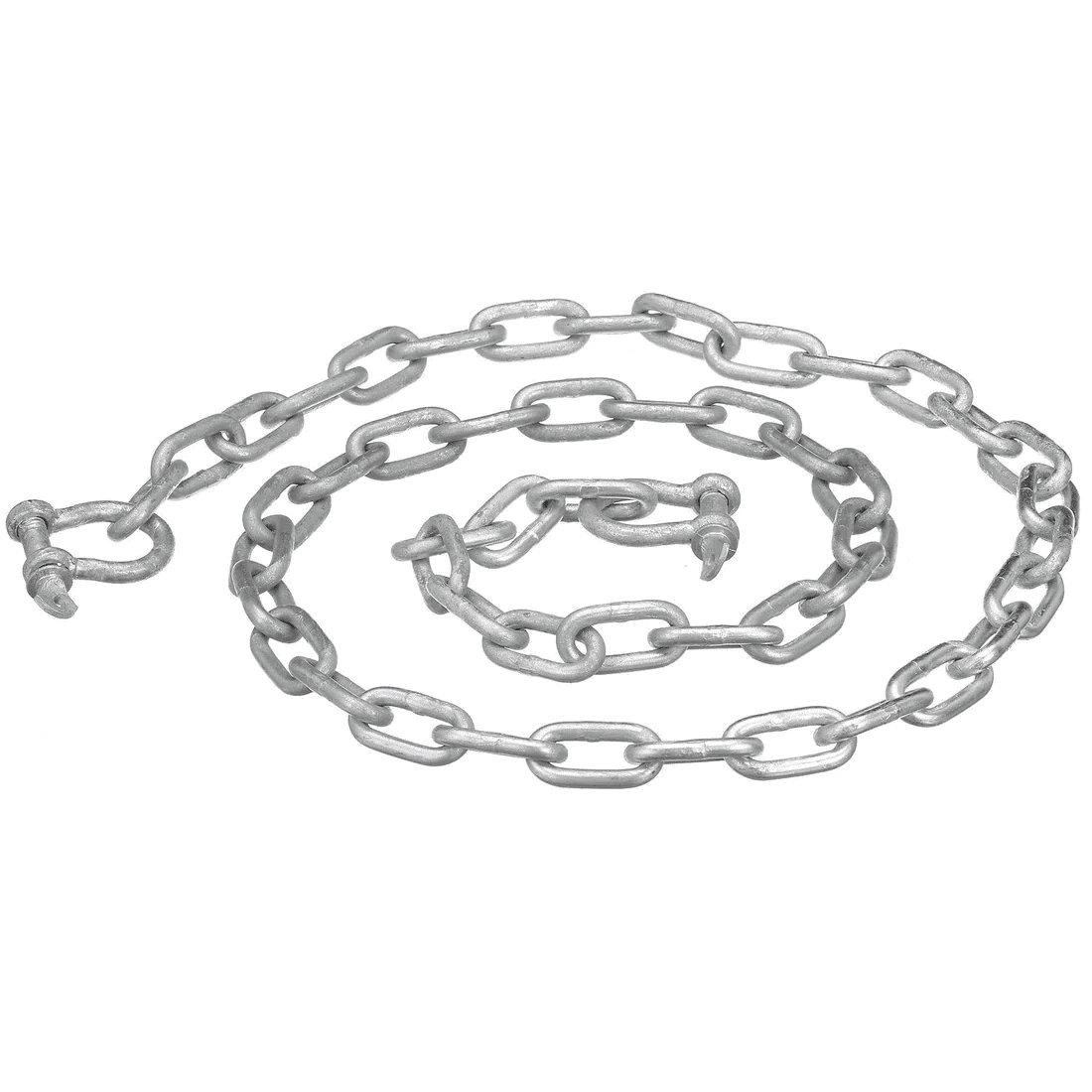 Anchor Lead Chain w/ Shackles - 3/16" x 4', Galvanized 5 A galvanized anchor lead chain with oval links, shackles, and a hook at one end (SEA CHOICE 5, 3/16″ x 4′), displayed on a white background.