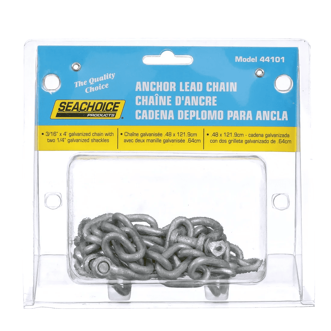 Anchor Lead Chain w/ Shackles - 3/16" x 4', Galvanized 6 SEA CHOICE Anchor Lead Chain with Shackles, 3/16″ x 4′, galvanized finish, comes packaged in a clear plastic case with a blue and white label.