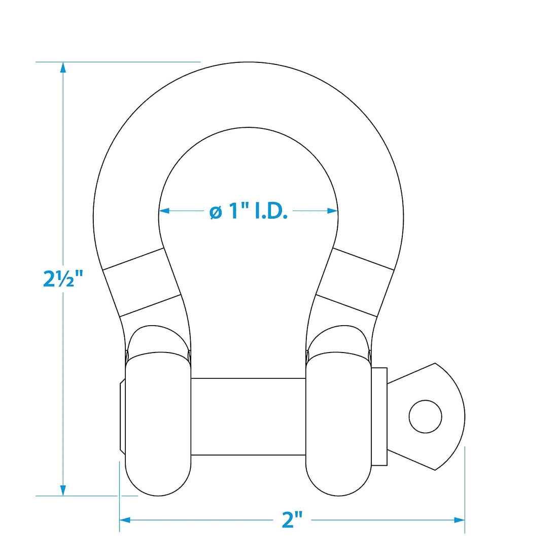 Anchor Shackle - 3/8in, Galvanized, 2 Pack 3 Technical drawing of the SEA CHOICE 3 Anchor Shackle (3/8 in, galvanized, 2 pack) with labeled dimensions: 2.5 inches tall, 2 inches wide, and a 1-inch inner diameter at the top curve.