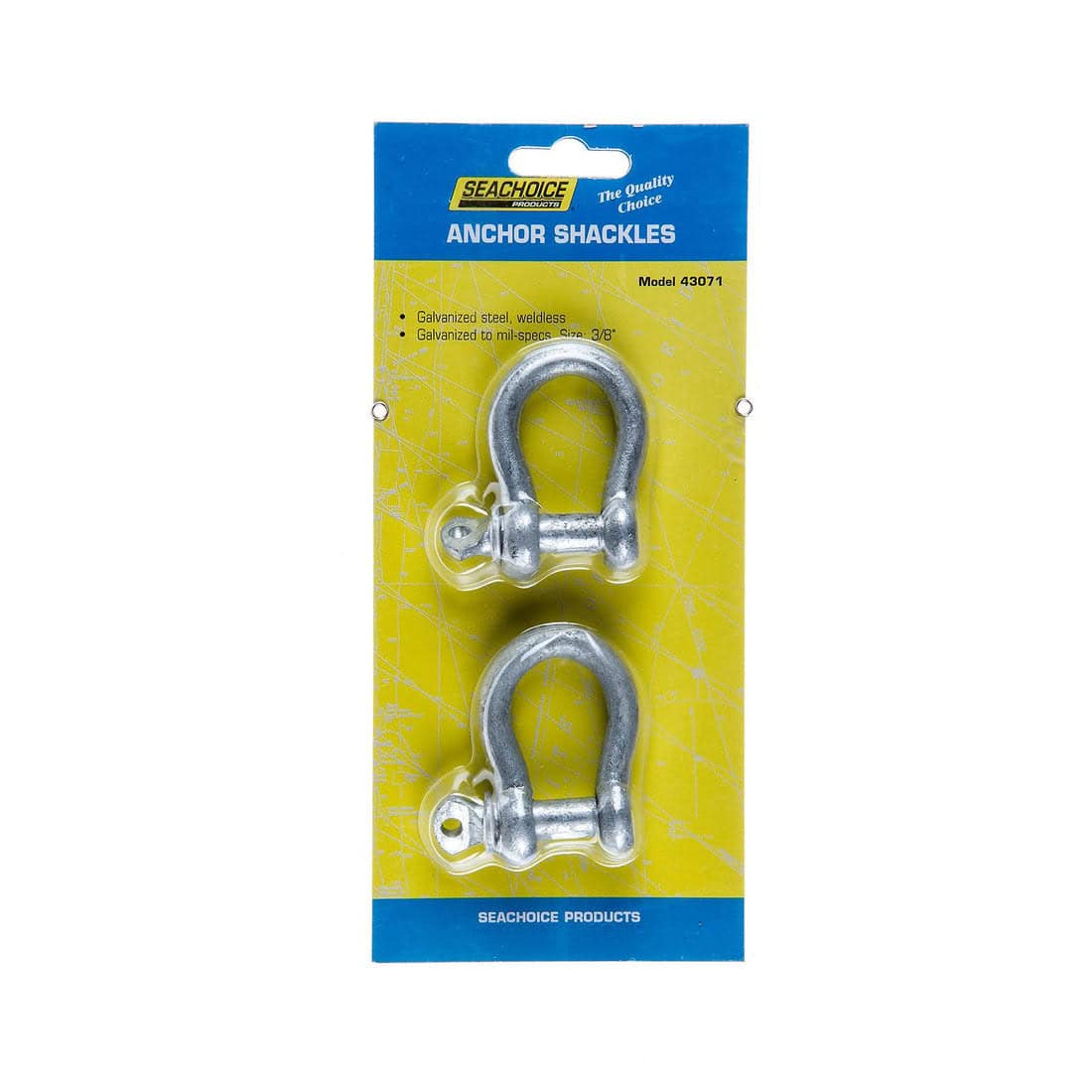 Anchor Shackle - 3/8in, Galvanized, 2 Pack 1 Two galvanized 3/8-inch anchor shackles, packaged as a 2-pack in plastic and displayed on a yellow and blue “SEA CHOICE” card.