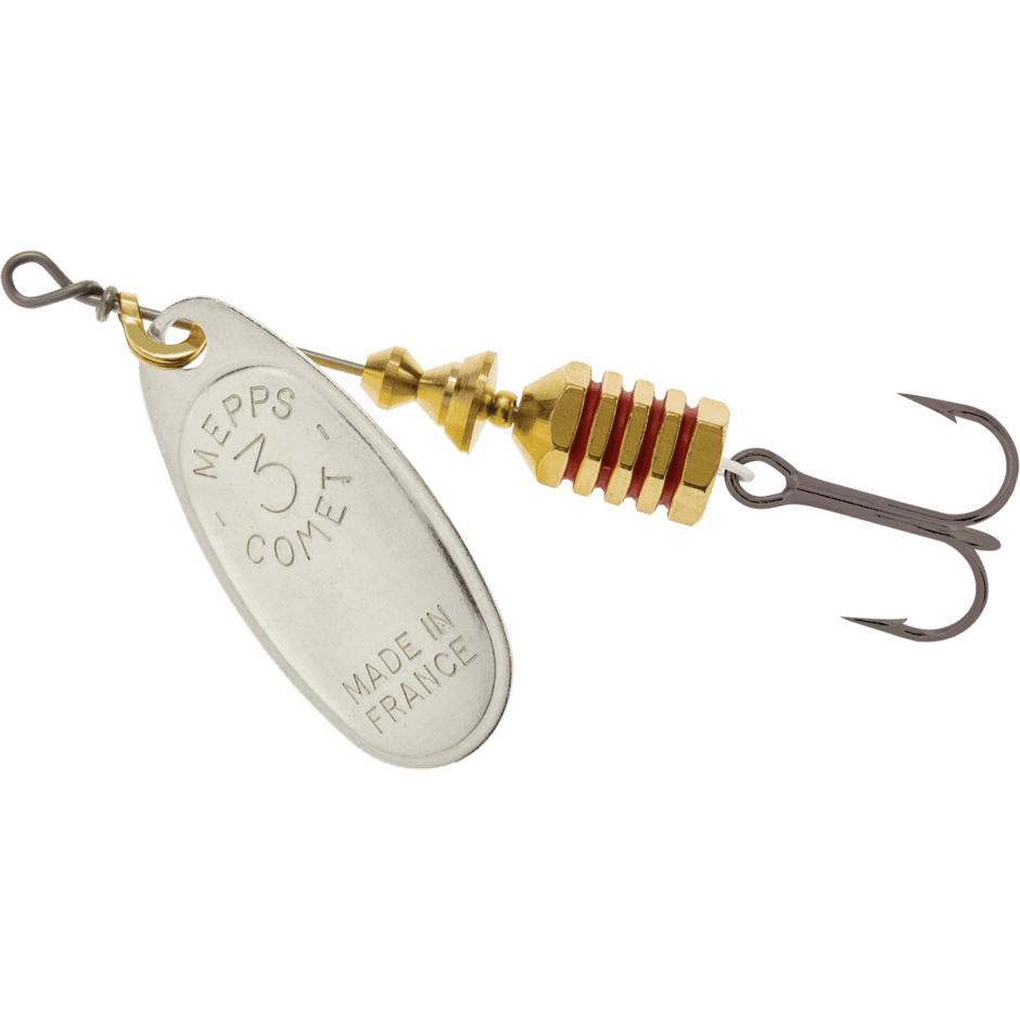 Comet® Spinner 1 A Comet® - Silver, 1/8 oz MEPPS fishing lure featuring a metal blade, a red-striped brass body, and a treble hook, labeled “Made in France.”.
