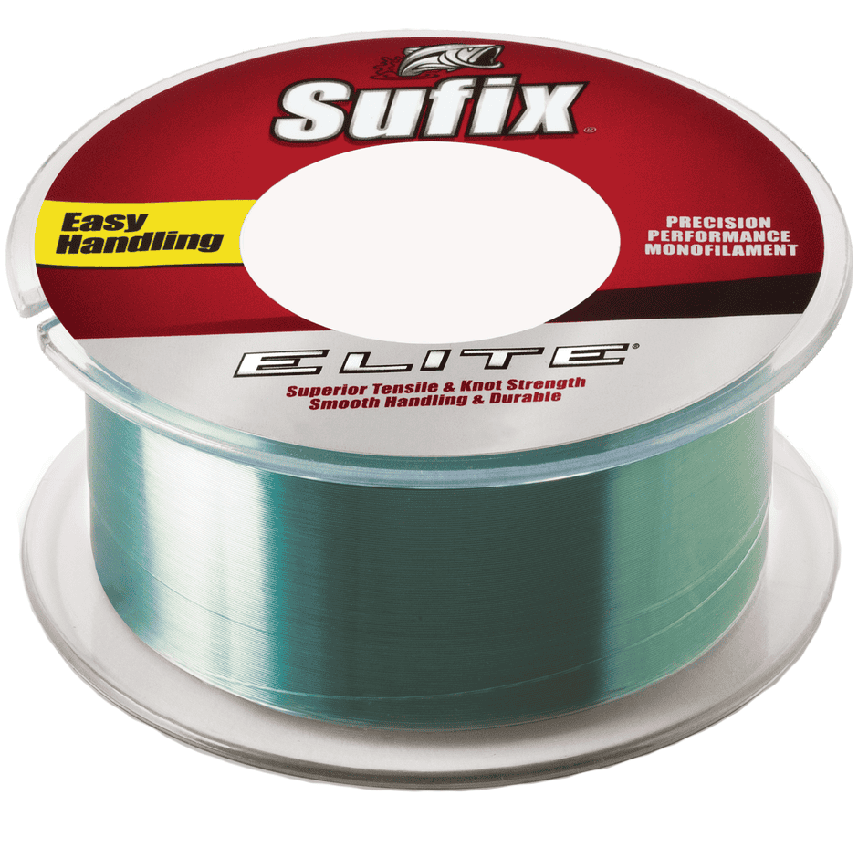 A spool of Sufix Elite™ Lo-Vis Green monofilament fishing line (17 lb, 330 yds) with a red and white label, featuring “Easy Handling” and product specifications.