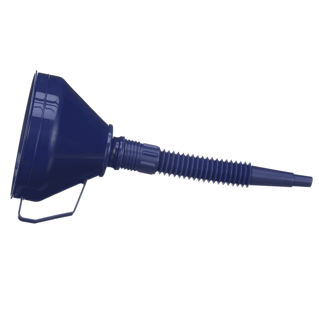 Long Flexible Funnel w/ Stainless Steel Strainer & Handle 2 A SEA CHOICE 2 Long Flexible Funnel with a stainless steel strainer and handle, made from dark blue plastic and featuring a flexible, ribbed spout, is shown on a plain white background.