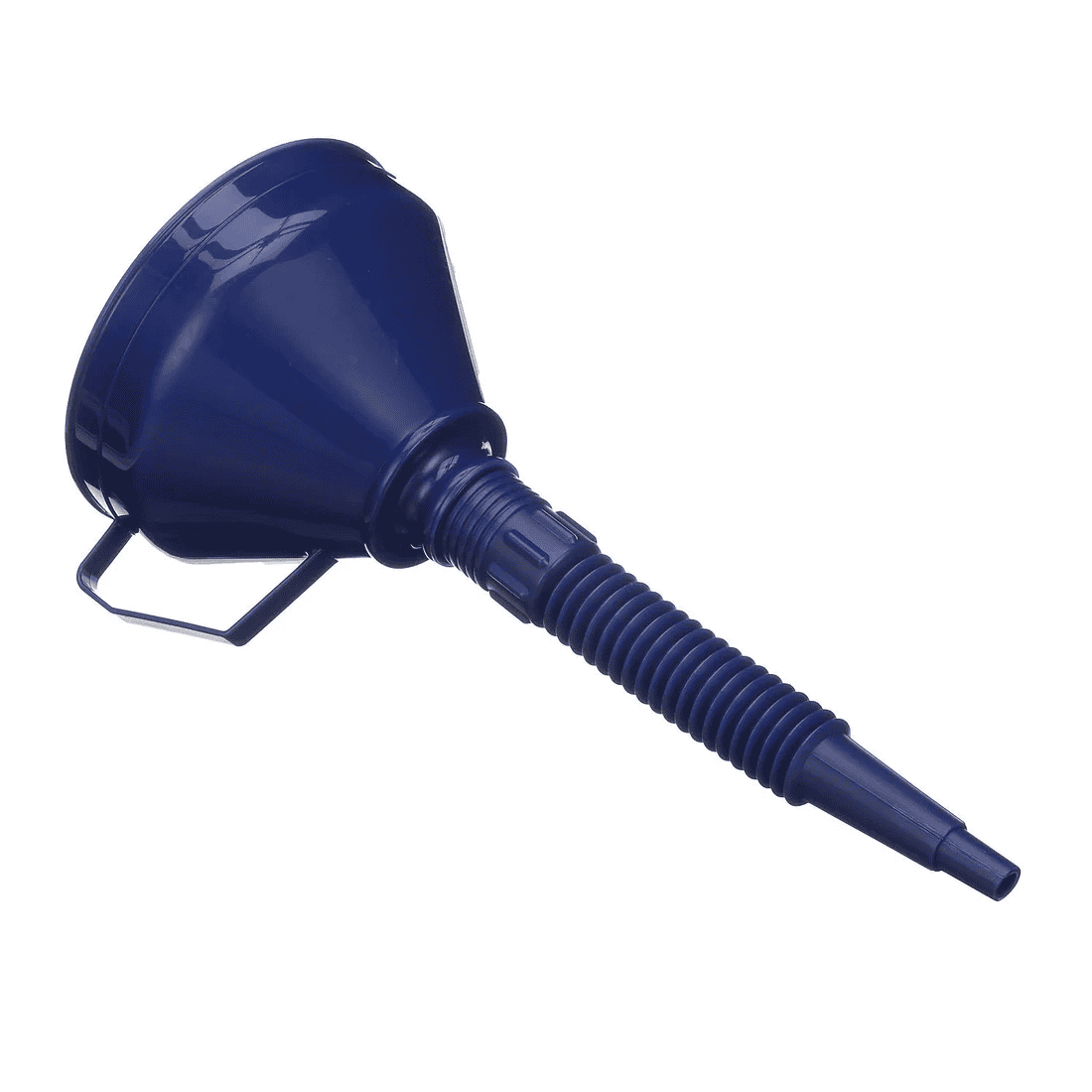 Long Flexible Funnel w/ Stainless Steel Strainer & Handle 1 A blue SEA CHOICE Long Flexible Funnel with a stainless steel strainer and handle, featuring a flexible ribbed spout, designed for pouring liquids into containers with small openings.