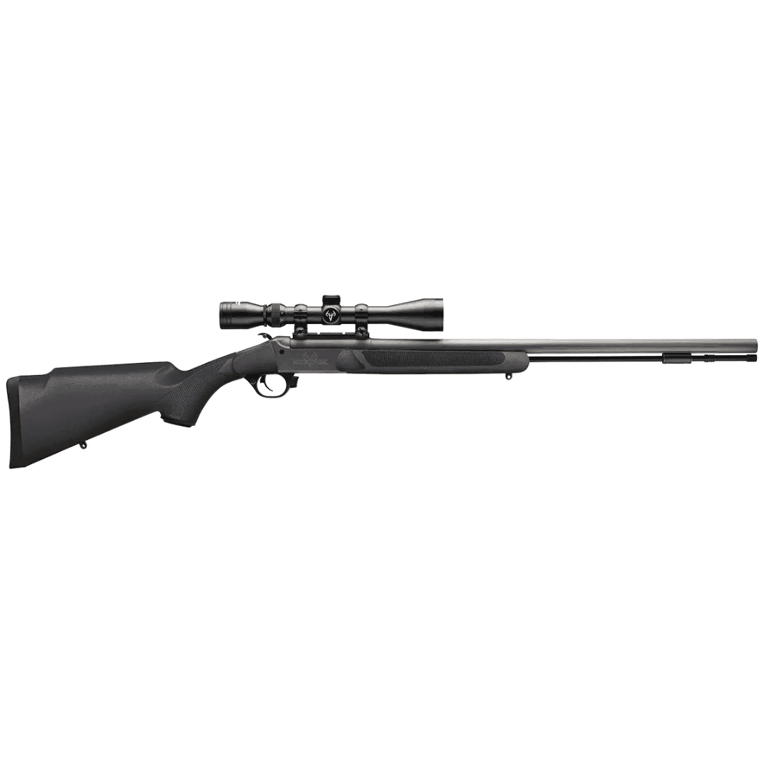 NitroFire Break Action Black Powder Rifle with 3-9x40 Duplex Scope - .50 Cal, 26", Black / Gray Cerakote 1 A NitroFire Black Powder Rifle with a 3-9x44 Duplex Scope, .50 Caliber and 26″ barrel, featuring a black synthetic stock and gray Cerakote finish by Traditions, shown in side profile against a white background.