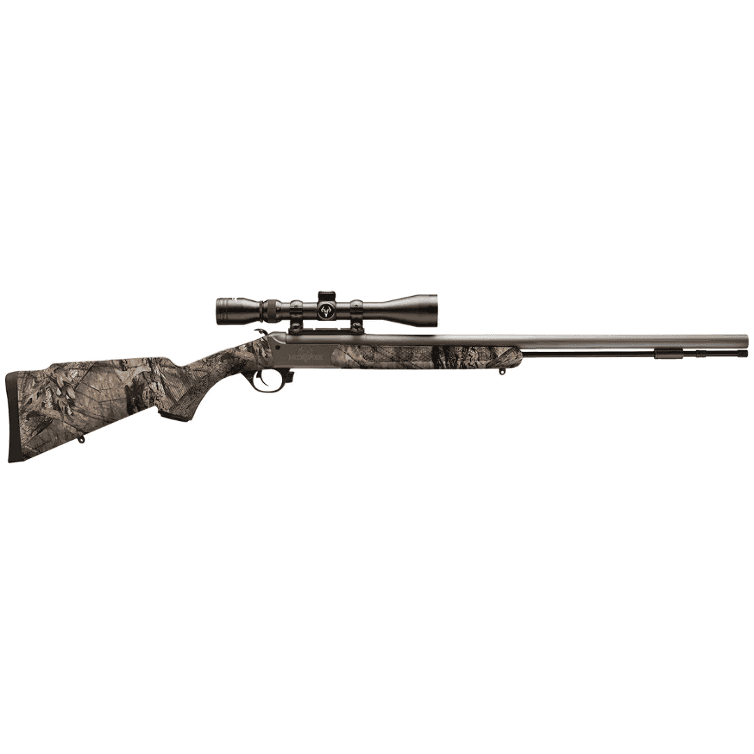 NitroFire Break Action Black Powder Rifle with 3-9x40 Duplex Scope - .50 Cal, 26", Mossy Oak Break-Up Country / Gray Cerakote 1 A NitroFire Break Action Black Powder Rifle in Mossy Oak Break-Up Country camouflage with a gray Cerakote finish and a mounted 3-9x40 Duplex scope (.50 Cal, 26″), displayed in profile against a white background.