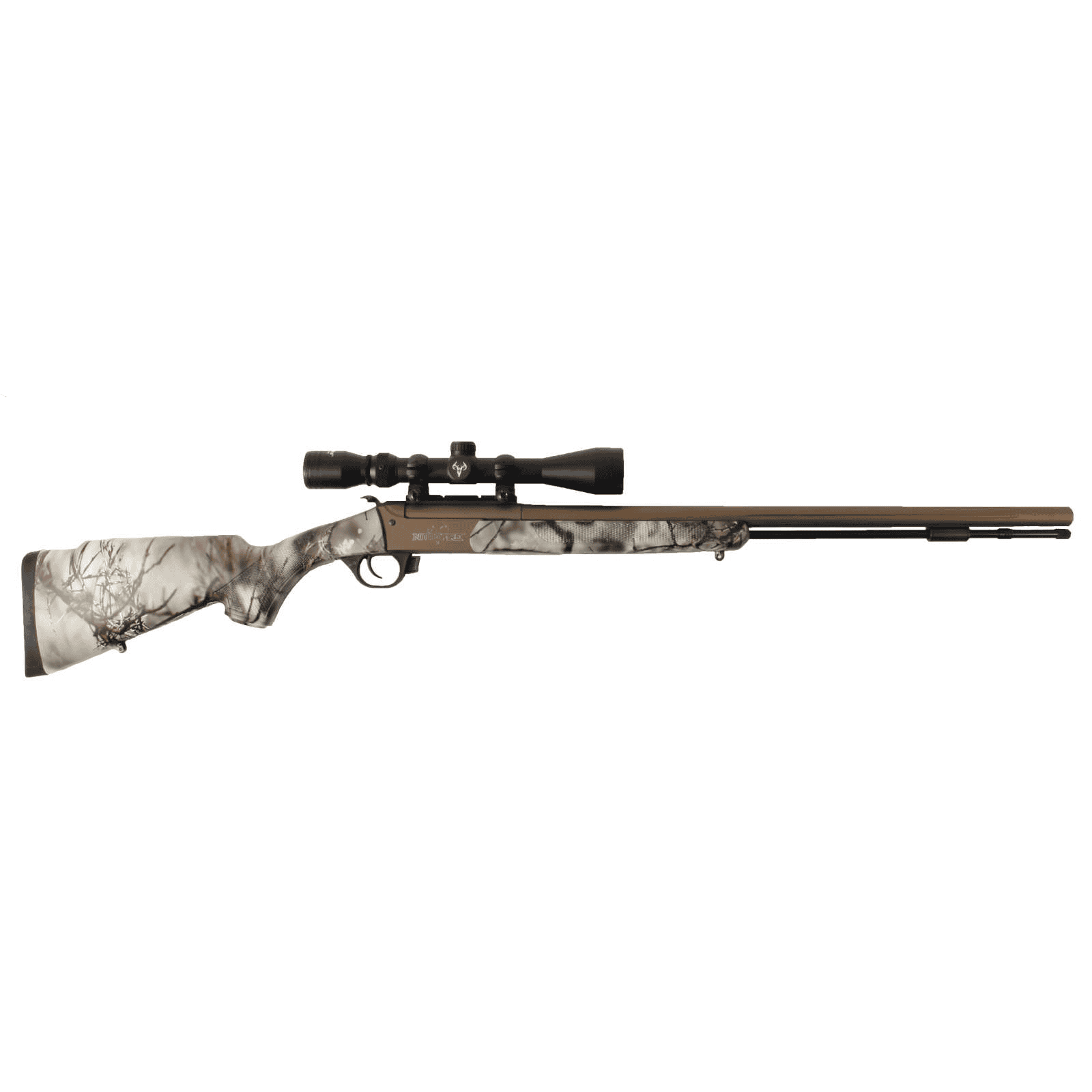 Nitrofire Single Shot Rifle with 3-9X40 Duplex Scope - .50 Cal, 26", 1:28, Burnt Bronze Cerakote / Go Wild Rockstar Camo Stock 1 Nitrofire Single Shot Rifle with 3-9X40 Duplex Scope - .50 Cal, 26_, 1-28, Burnt Bronze Cerakote _ Go Wild Rockstar Camo Stock TRADITIONS