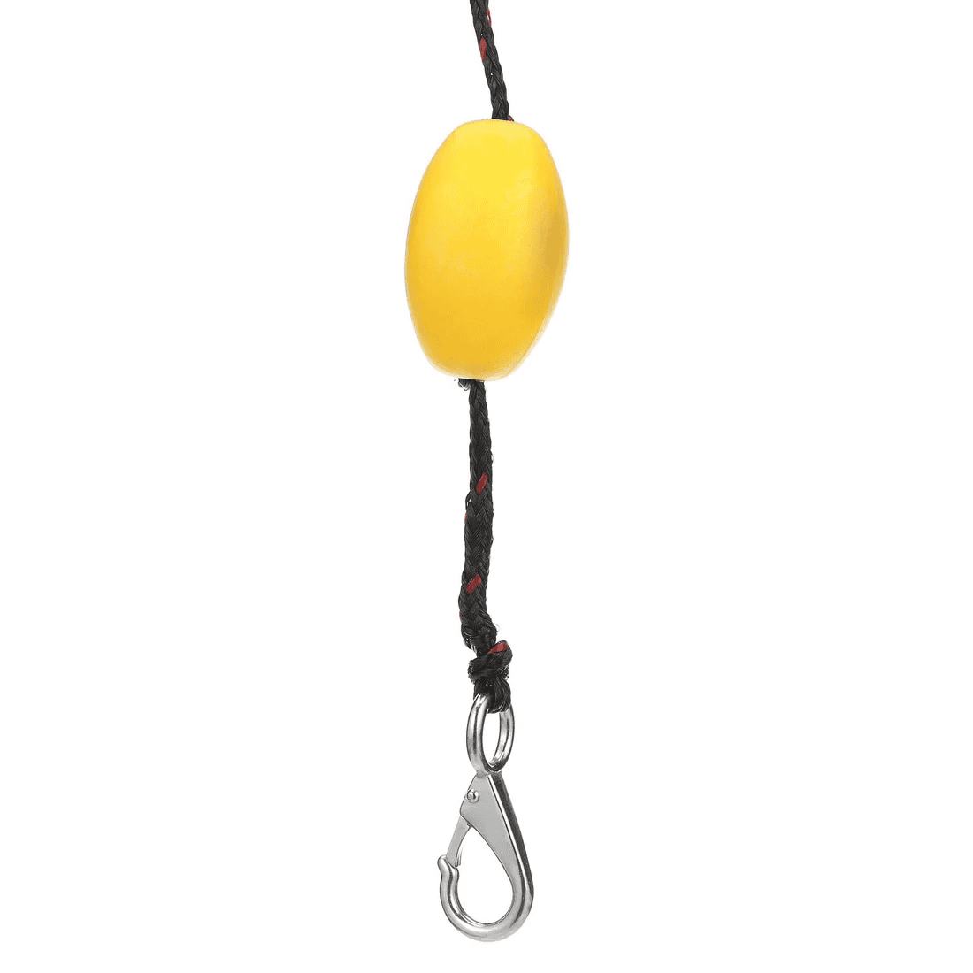 PWC Screw Anchor System - 10ft. Anchor Line, Float, Clip & Storage Bag 3 The SEA CHOICE 3 PWC Screw Anchor System features a 10ft anchor line with a yellow float attached and a metal clip at the end, isolated on a white background.