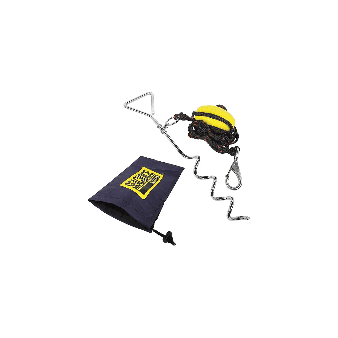 PWC Screw Anchor System - 10ft. Anchor Line, Float, Clip & Storage Bag 4 PWC Screw Anchor System featuring a screw-shaped metal anchor, a yellow and black float, a 10ft anchor line with clip, and a blue SEA CHOICE 4 storage bag.