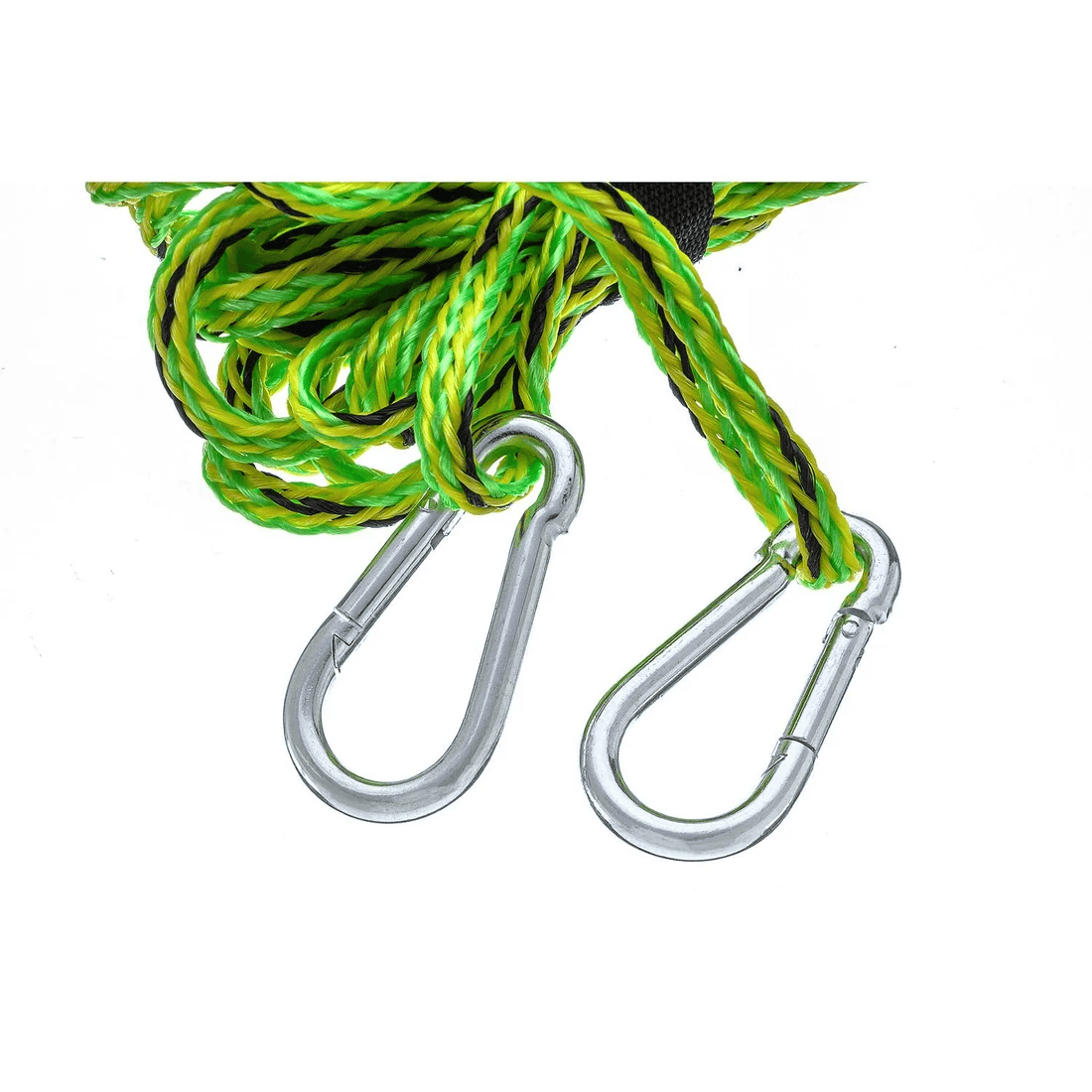 PWC Tow Rope - 20' 2 Two metal carabiners are attached to a green and yellow SEA CHOICE PWC Tow Rope (20ft) against a white background.
