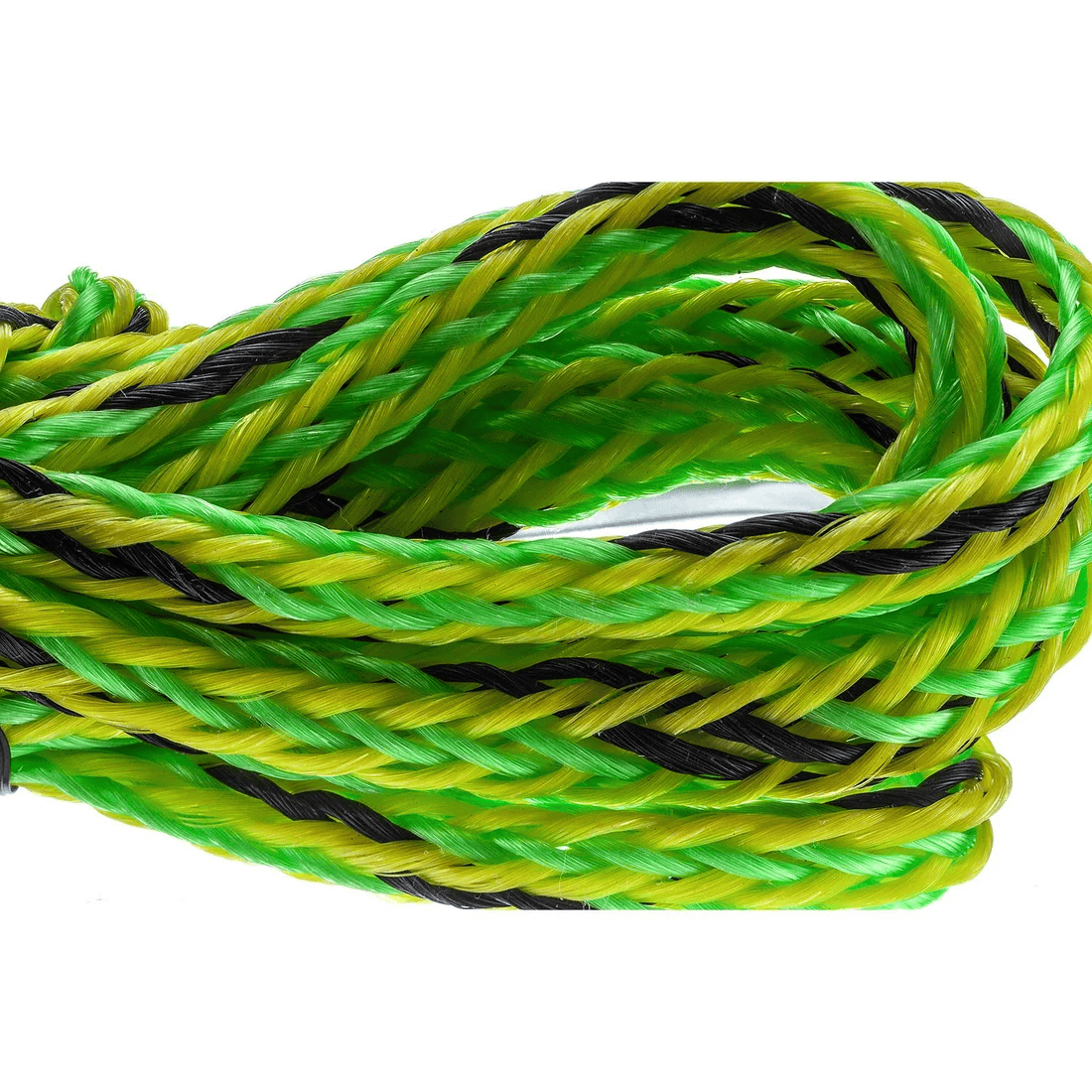 PWC Tow Rope - 20' 3 Close-up of the PWC Tow Rope - 20ft SEA CHOICE 3, featuring coiled, braided strands in bright green, yellow, and black against a white background.