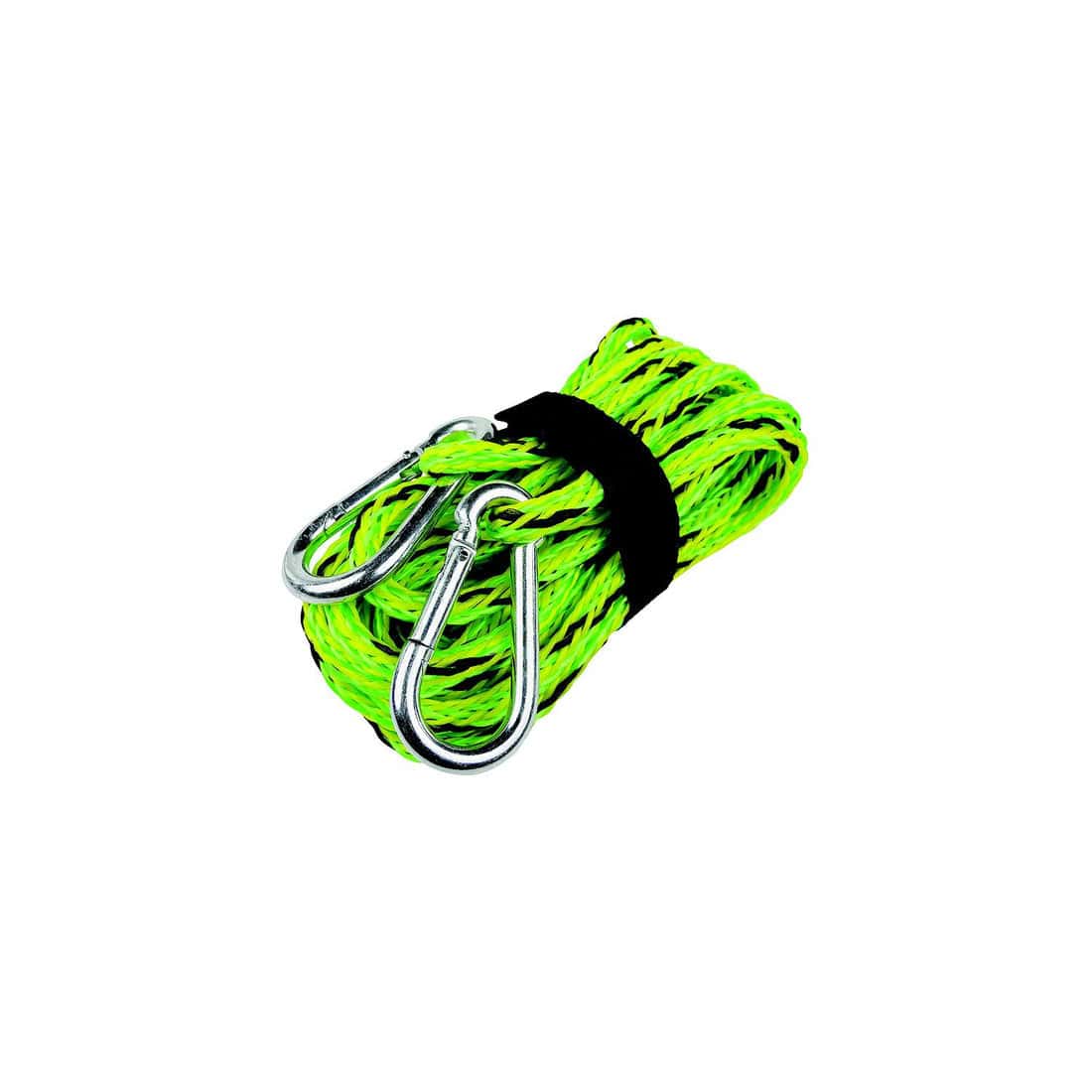 PWC Tow Rope - 20' 6 A 20ft SEA CHOICE 6 PWC Tow Rope in neon green, featuring two attached silver carabiners and a black securing strap, displayed on a white background.