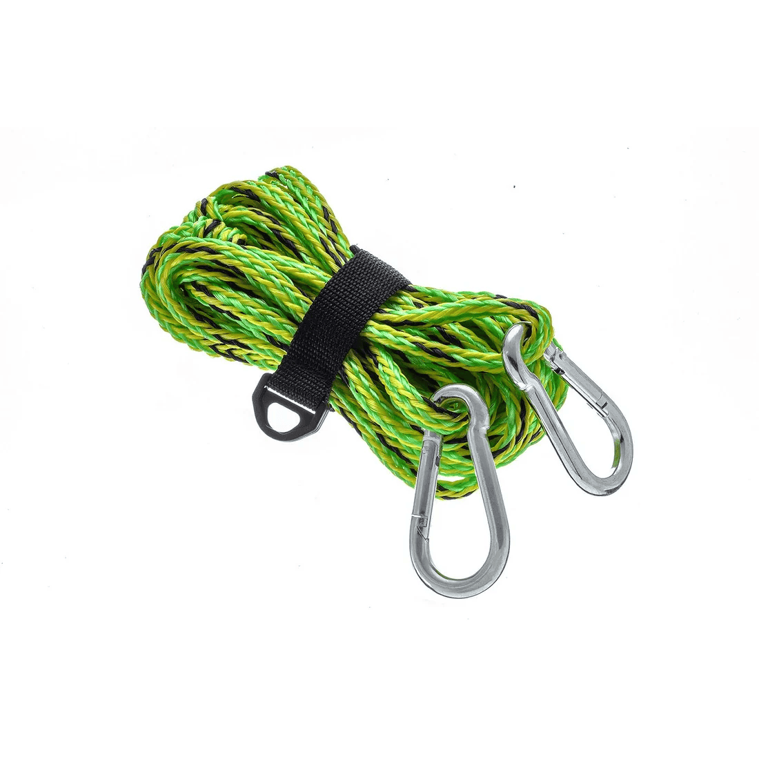 PWC Tow Rope - 20' 1 A 20ft SEA CHOICE PWC Tow Rope in coiled green and yellow, secured with a black strap and featuring metal carabiner clips at each end, isolated on a white background.