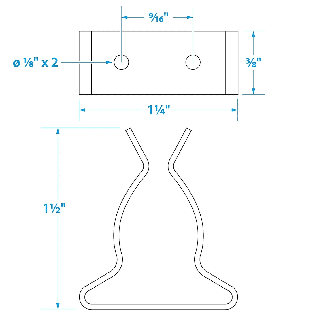 Spring Clamps - 5/8" - 1 1/4", Stainless Steel, 2 Pack 2 Technical drawing of “Spring Clamps - 5-8 - 1 1-4, Stainless Steel, 2 Pack SEA CHOICE 2” metal clamp, depicting top and front views with dimensions for length, width, hole size, and placement in inches.