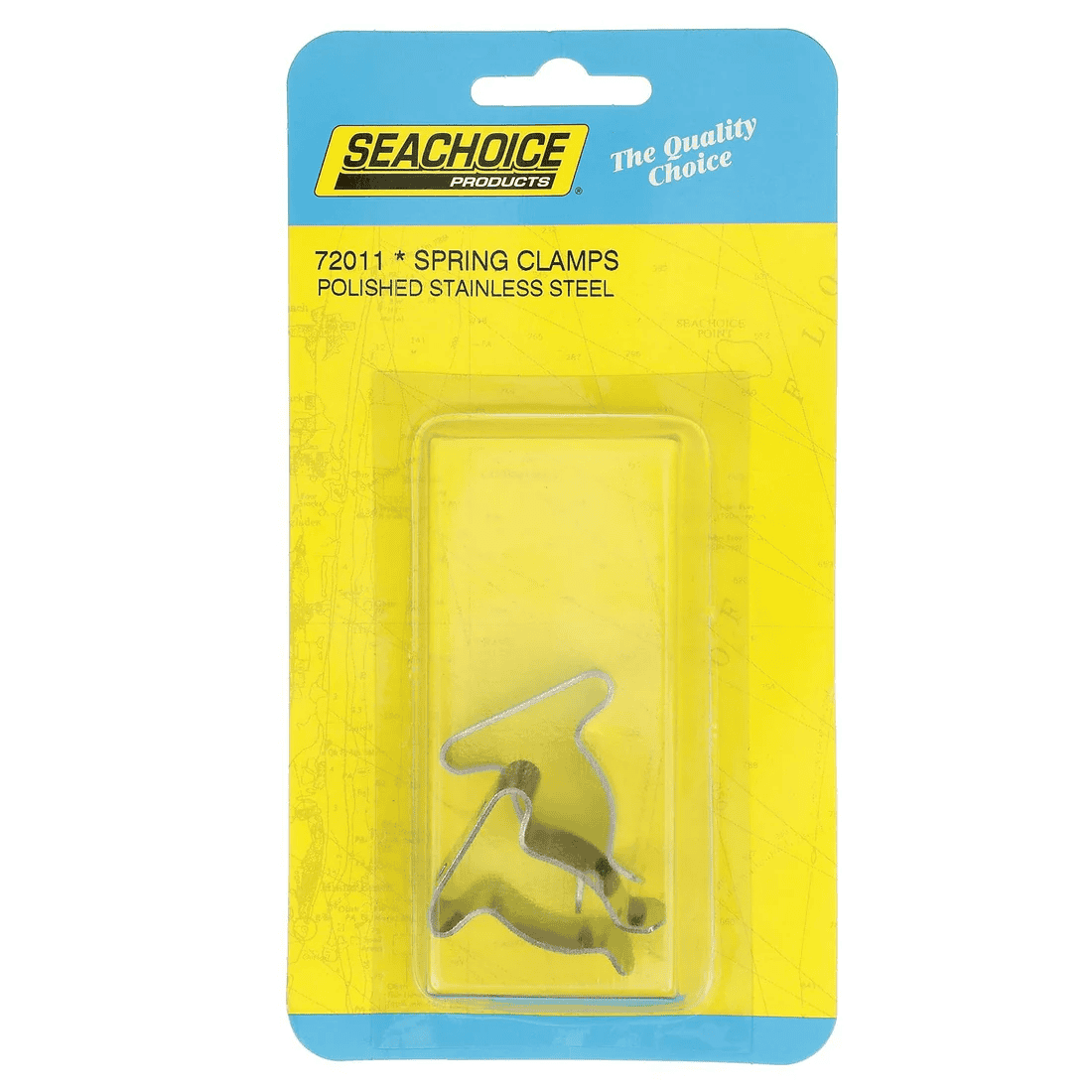 Spring Clamps - 5/8" - 1 1/4", Stainless Steel, 2 Pack 3 A 2-pack of Seachoice Spring Clamps, size 5/8 - 1 1/4 inches, made from polished stainless steel and displayed in clear plastic on a yellow and blue backing.