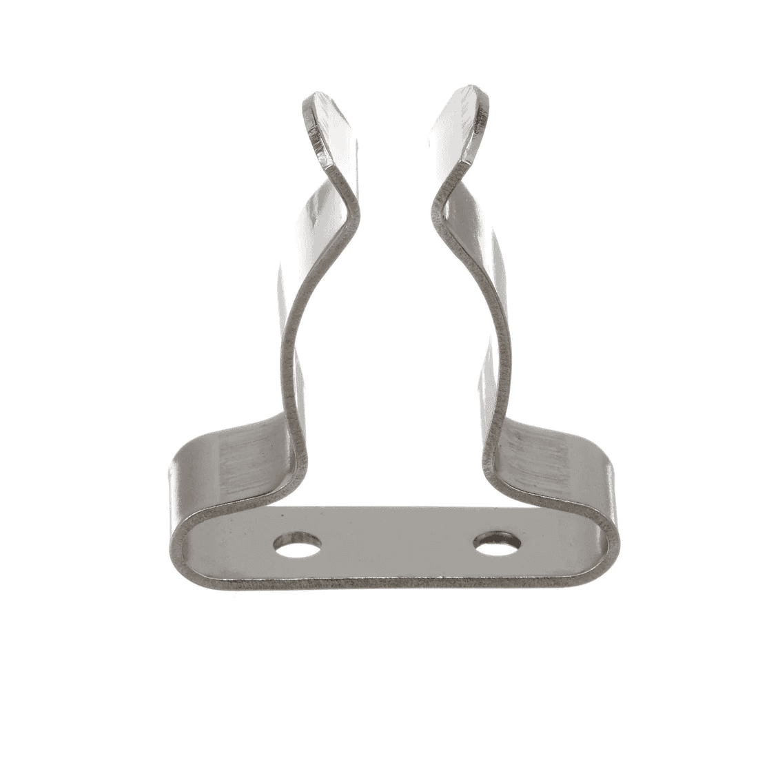 Spring Clamps - 5/8" - 1 1/4", Stainless Steel, 2 Pack 4 A stainless steel spring clamp with two mounting holes at the base and two upward-curved prongs; available as a 2-pack (Spring Clamps - 5:8 - 1 1:4).