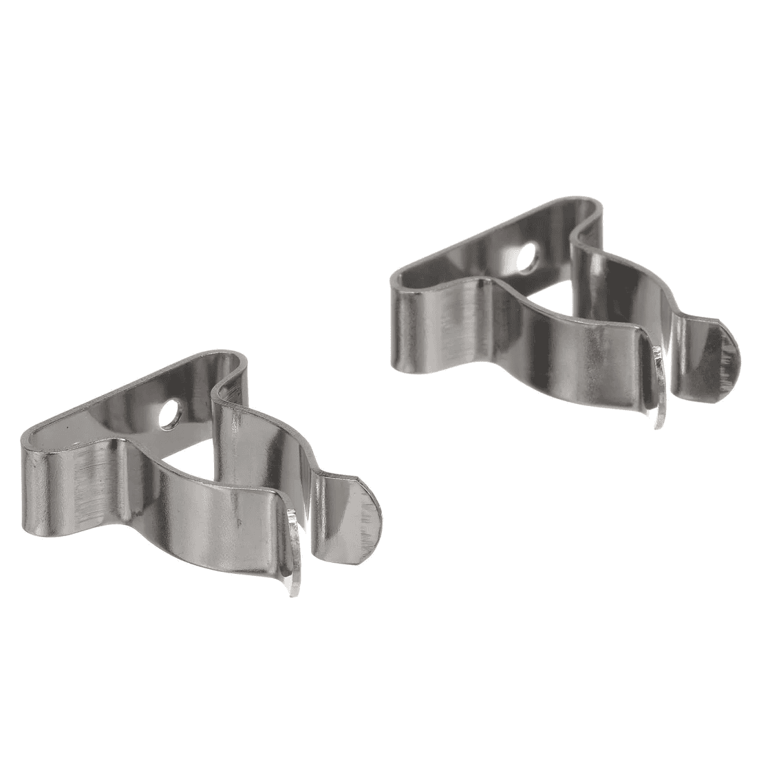 Spring Clamps - 5/8" - 1 1/4", Stainless Steel, 2 Pack 5 Two stainless steel Spring Clamps (5/8 - 1 1/4), shown in a 2-pack with curved shapes and mounting holes, displayed on a white background.